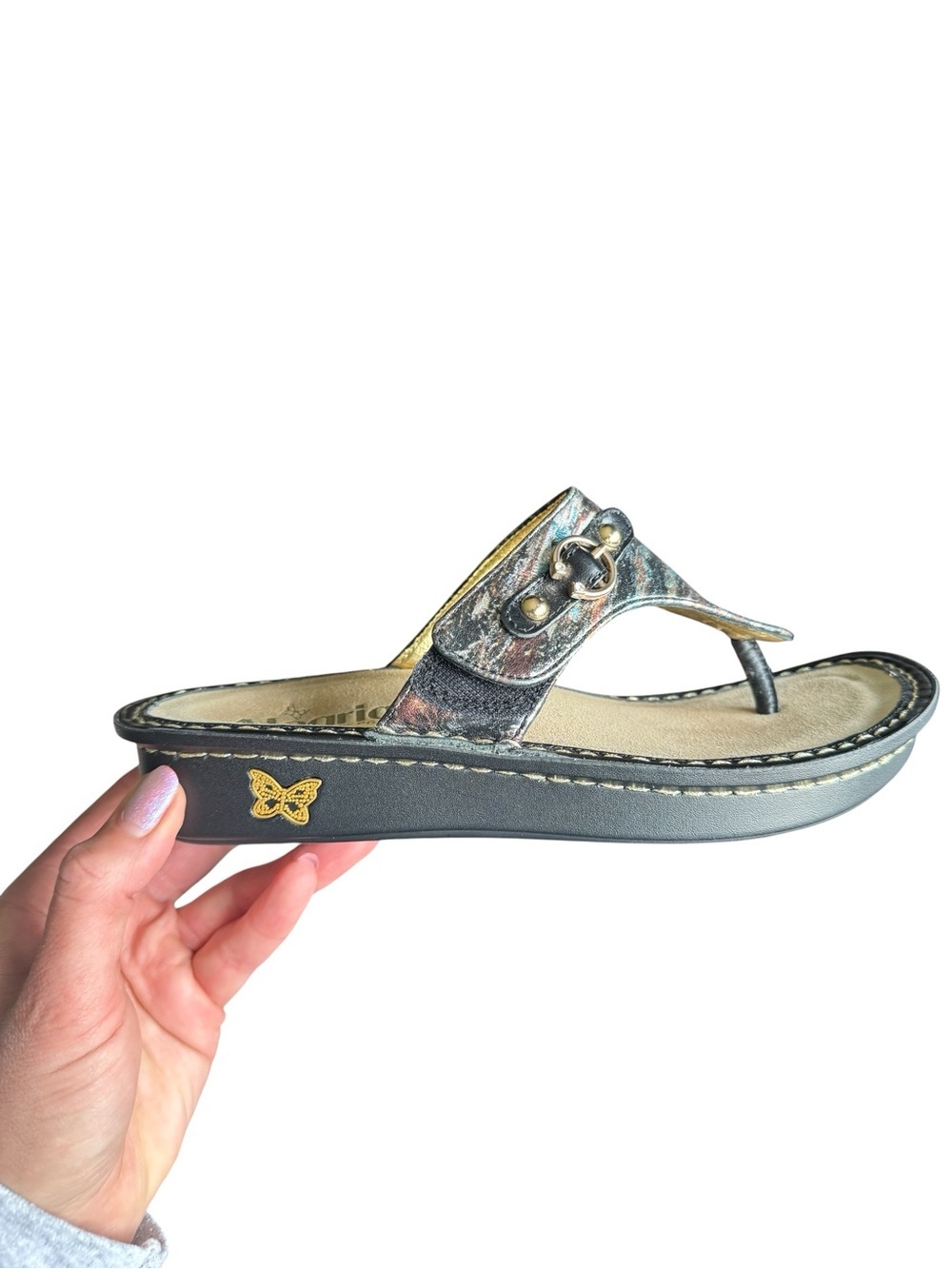 Alegria Leather Thong Sandals EU 37 US 6.5 Boho Comfort Platform Metallic Slide